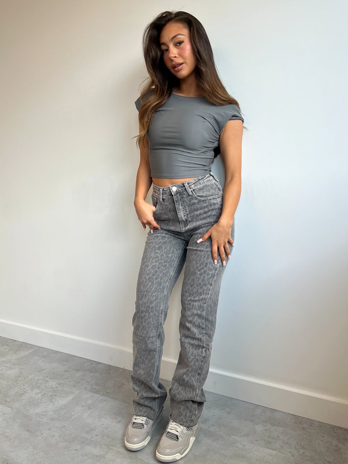 VOGUE™-GREY LEOPARD STRETCH JEANS