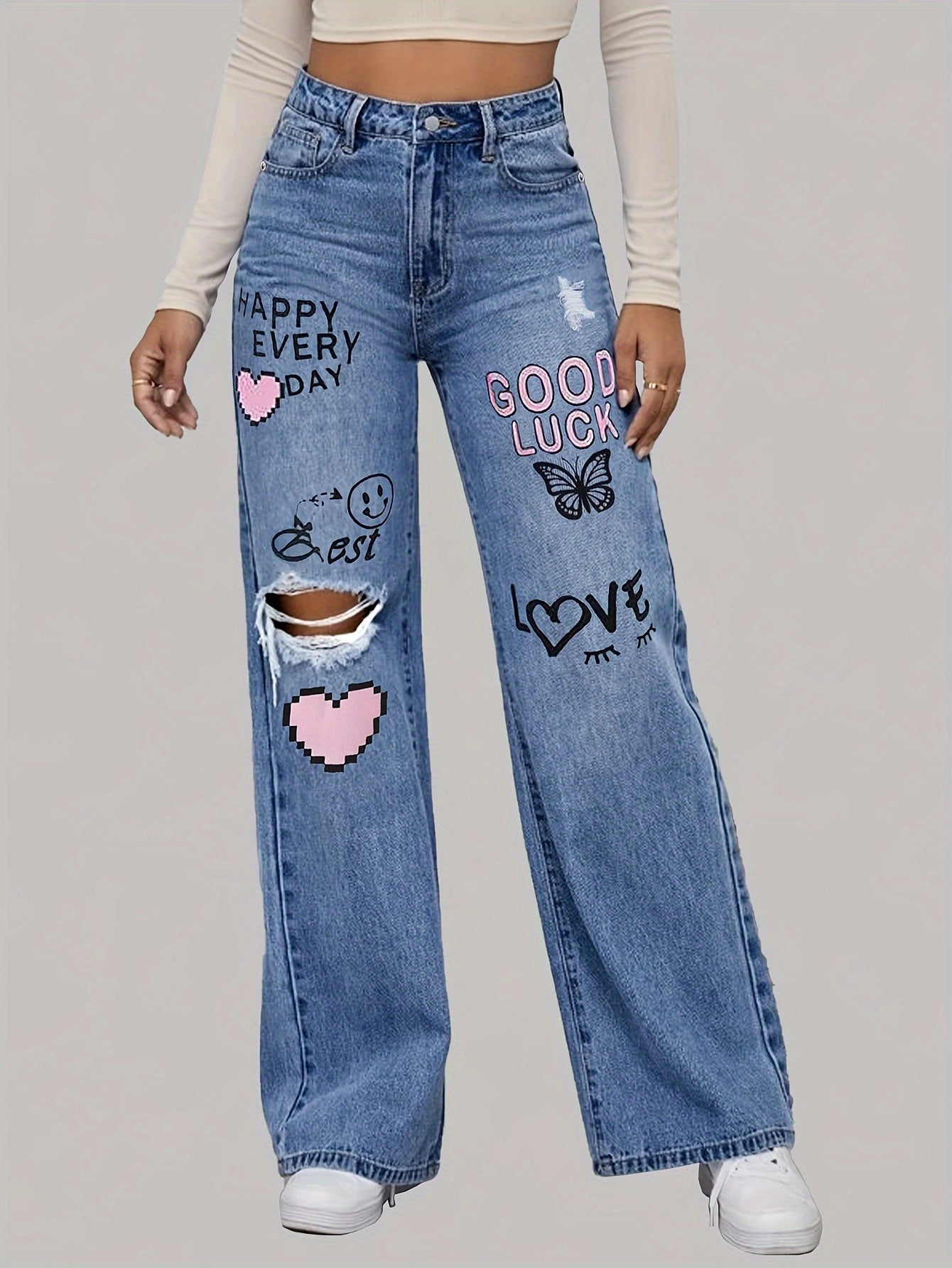 VOGUE™  -   Heart Graffiti Ripped Jeans, hoog uitgesneden, wijde pijpen