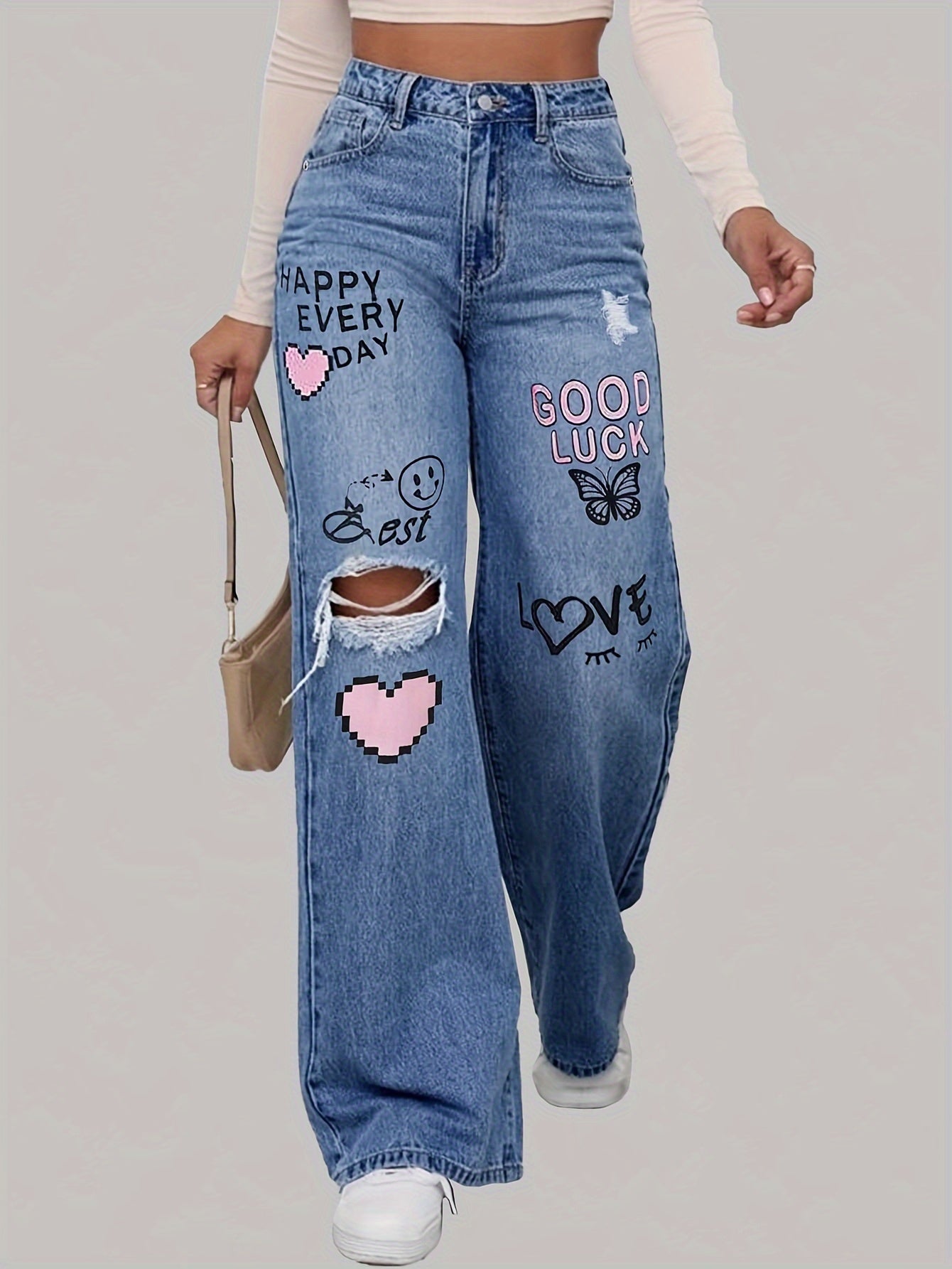 VOGUE™  -   Heart Graffiti Ripped Jeans, hoog uitgesneden, wijde pijpen