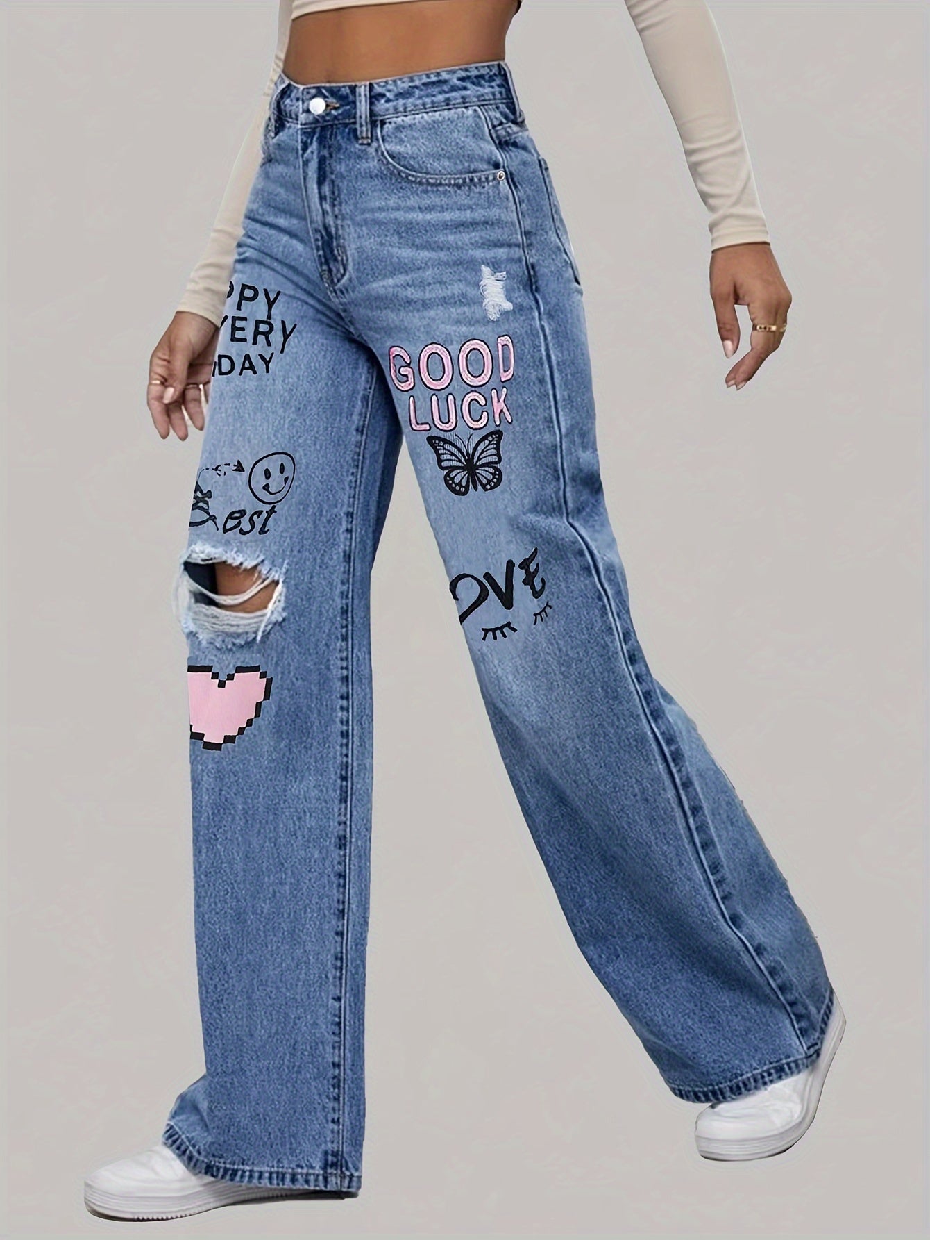 VOGUE™  -   Heart Graffiti Ripped Jeans, hoog uitgesneden, wijde pijpen